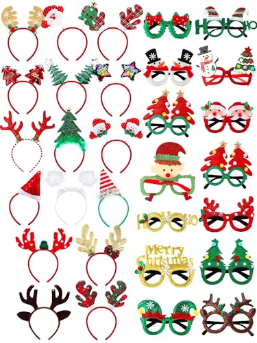 Yunsailing 32 Pcs Christmas Headbands and Glasses Frames Christmas Party Supplies with 32 Cute Designs Santa Hat Snowman Reindeer Antler Bow Hat for Adults Women Party Favor Photo Booth - Image 1
