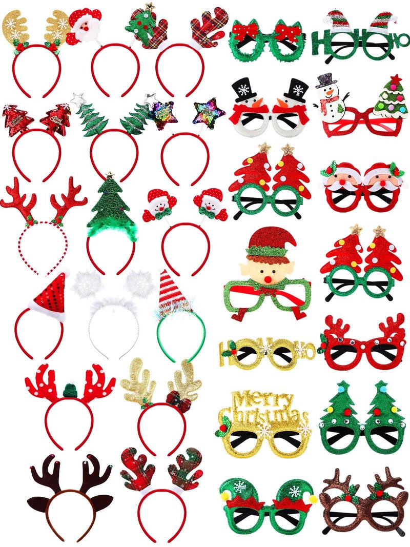 Yunsailing 32 Pcs Christmas Headbands and Glasses Frames Christmas Party Supplies with 32 Cute Designs Santa Hat Snowman Reindeer Antler Bow Hat for Adults Women Party Favor Photo Booth - Image 3
