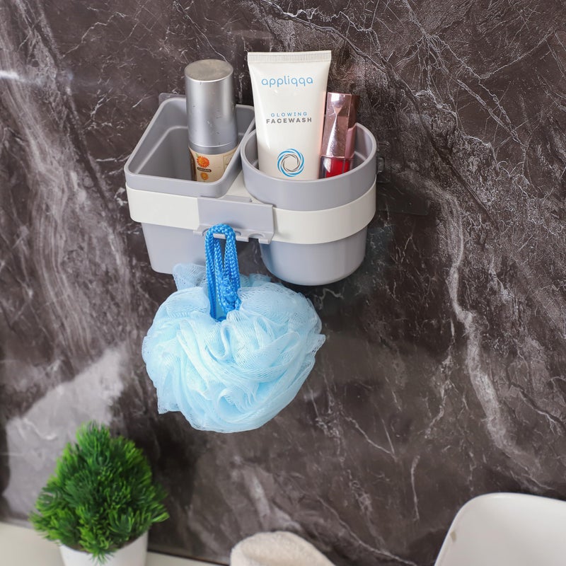 Jinila Wall Mounted Toothbrush Holder with Gargle Cup Plastic Self Adhesive Magic Sticker Toothpaste, Tongue Cleaner, Comb Stand for Bathroom and Wash Basin (Pack of 1, Gray and Cream) - Image 4