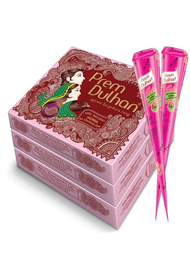 Prem Dulhan Hand Designing | Without Chemical | Long Lasting | For Men Women | Of 12 Pieces | Natural Mehandi Cone - 350 GRM (Pink, Pack of 3) - Image 1