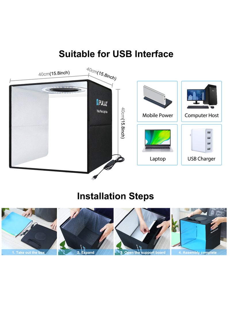 PULUZ - 15.8 inch Foldable Portable Photography Shooting Box,USB Photo Lighting Studio with 3 Modes Dual Color Temperature Ring Light and 12 Color Backdrops - Image 1