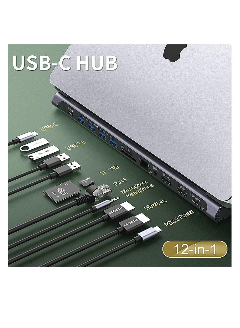 أونتن - قاعدة توصيل 12 في 1 مع منفذ USB النوع C من اون تن، محول HDMI مزدوج بدقة 4 كيه، موزع USB النوع C بشاشة مزدوجة لويندوز، منفذ HDMI 4k * 2، 100W قاعدة شحن 100 وات مع بطاقة SD/TF، USB3.0، USB C، ايثرنت - Image 1