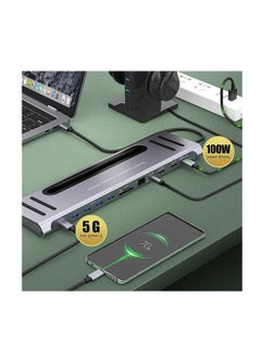 أونتن قاعدة توصيل 12 في 1 مع منفذ USB النوع C من اون تن، محول HDMI مزدوج بدقة 4 كيه، موزع USB النوع C بشاشة مزدوجة لويندوز، منفذ HDMI 4k * 2، 100W قاعدة شحن 100 وات مع بطاقة SD/TF، USB3.0، USB C، ايثرنت  - Image 3