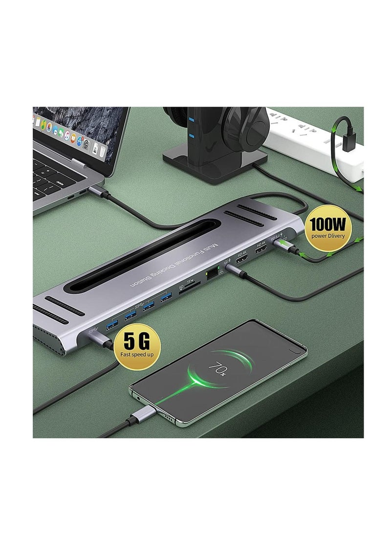 أونتن - قاعدة توصيل 12 في 1 مع منفذ USB النوع C من اون تن، محول HDMI مزدوج بدقة 4 كيه، موزع USB النوع C بشاشة مزدوجة لويندوز، منفذ HDMI 4k * 2، 100W قاعدة شحن 100 وات مع بطاقة SD/TF، USB3.0، USB C، ايثرنت - Image 1