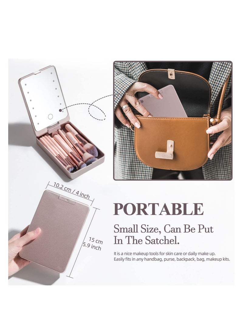 14PCS Mini Makeup Brushes Set with LED Light Mirrorr, Premium Synthetic Foundation Powder Concealers Eyeshadow Blush Makeup Brushes, Make up Brushes Kit (Pink)