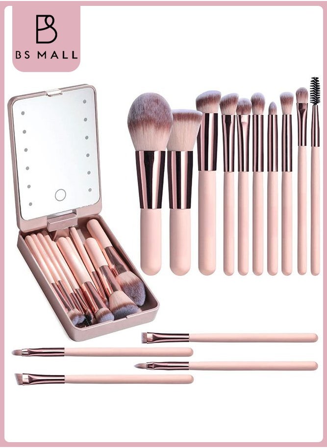 BS Mall 14PCS Mini Makeup Brushes Set with LED Light Mirrorr, Premium Synthetic Foundation Powder Concealers Eyeshadow Blush Makeup Brushes, Make up Brushes Kit (Pink)  - Image 1