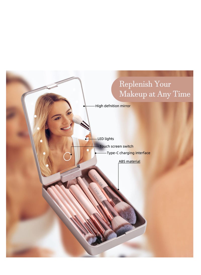 BS Mall 14PCS Mini Makeup Brushes Set with LED Light Mirrorr, Premium Synthetic Foundation Powder Concealers Eyeshadow Blush Makeup Brushes, Make up Brushes Kit (Pink)  - Image 5