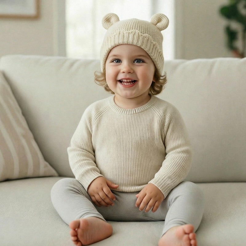 LAWKUL Baby Beanie Hat Winter 100% Cotton with Cute Bear Ear Cap Soft Warm for Infant Toddler Boy Girl 0-6 Months Off-White - Image 2