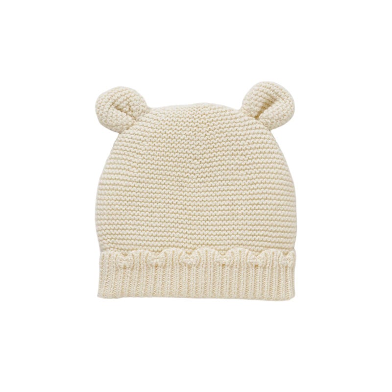 LAWKUL Baby Beanie Hat Winter 100% Cotton with Cute Bear Ear Cap Soft Warm for Infant Toddler Boy Girl 0-6 Months Off-White - Image 1