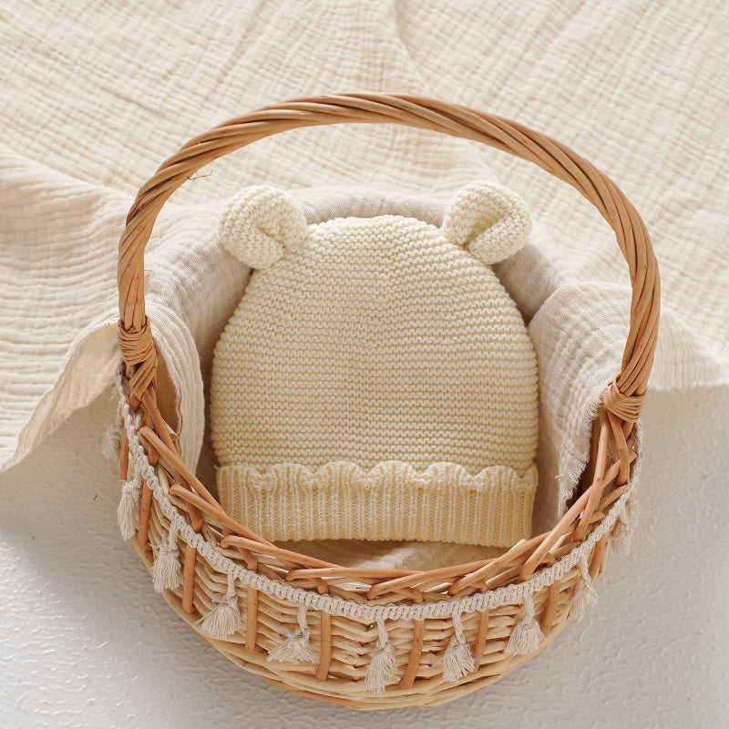 LAWKUL Baby Beanie Hat Winter 100% Cotton with Cute Bear Ear Cap Soft Warm for Infant Toddler Boy Girl 0-6 Months Off-White - Image 5