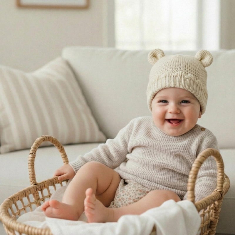 LAWKUL Baby Beanie Hat Winter 100% Cotton with Cute Bear Ear Cap Soft Warm for Infant Toddler Boy Girl 0-6 Months Off-White - Image 4