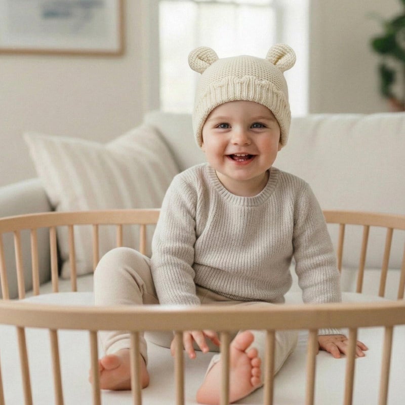 LAWKUL Baby Beanie Hat Winter 100% Cotton with Cute Bear Ear Cap Soft Warm for Infant Toddler Boy Girl 0-6 Months Off-White - Image 3