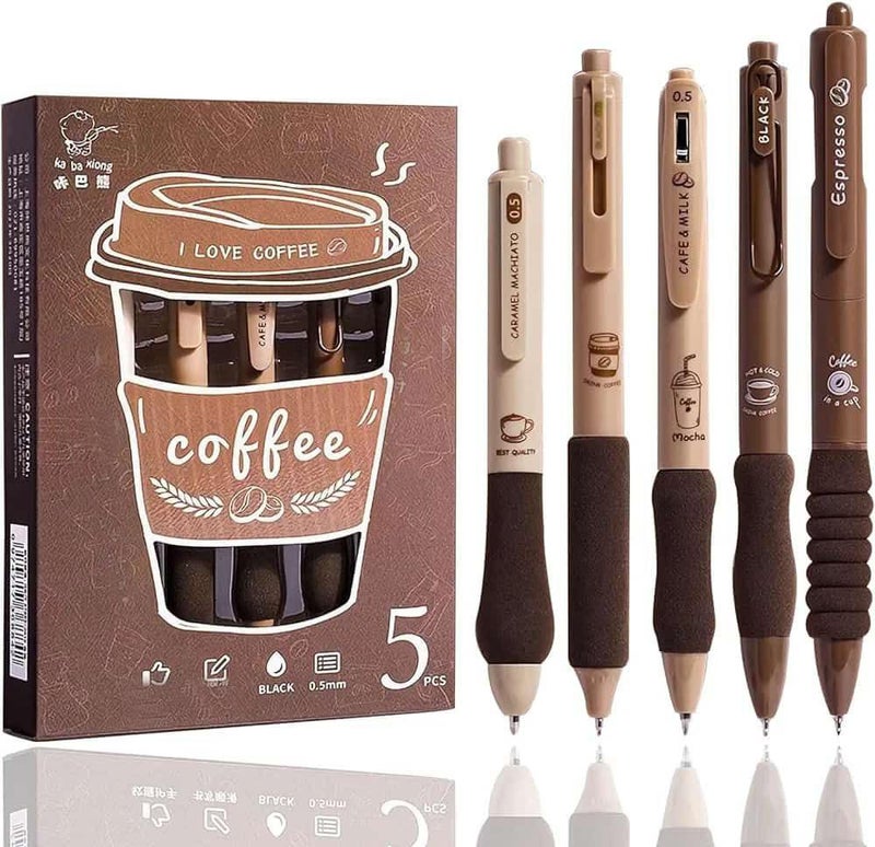 AARUX 5 Pcs Gel Pens Cute Coffee Pen, Retractable 5 Smooth Writing Aesthetic Ball Point Pen, Quick Dry Black 0.5mm Gel Ink Pen For Kids, Office, School, Supplies Gifts for Boy, Girls, Women, Men - Image 1
