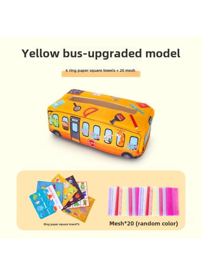 Baby's Tear Tissue Box Paper Tipping Toy Baby Learning Finger Paper Tipping Exercise Soothing Early Education Cloth Book-Color:Yellow Bus Model +6 Ringing Paper Square Towel +20 Gauze Towel - Image 1