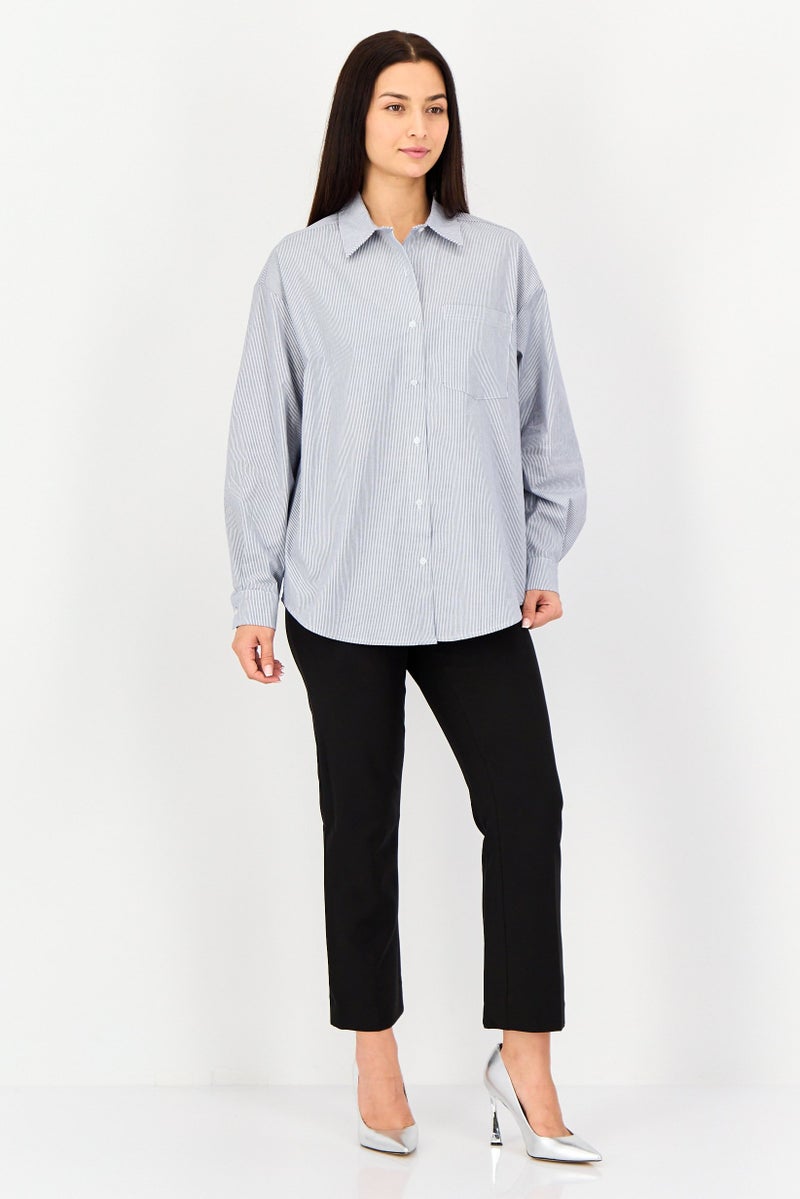 FOREVER 21 قميص نسائي بأكمام طويلة وياقة منتشرة، مخطط، متعدد الألوان - Image 2