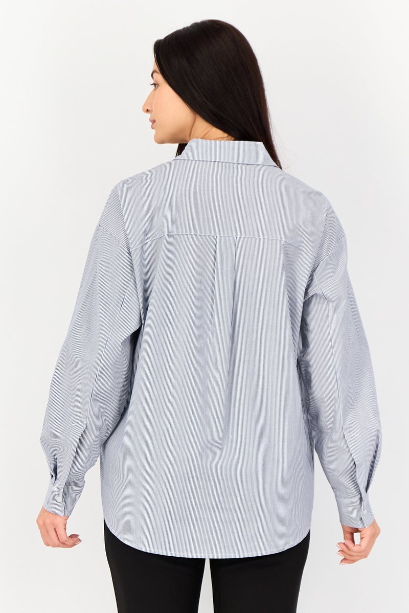 FOREVER 21 قميص نسائي بأكمام طويلة وياقة منتشرة، مخطط، متعدد الألوان - Image 3