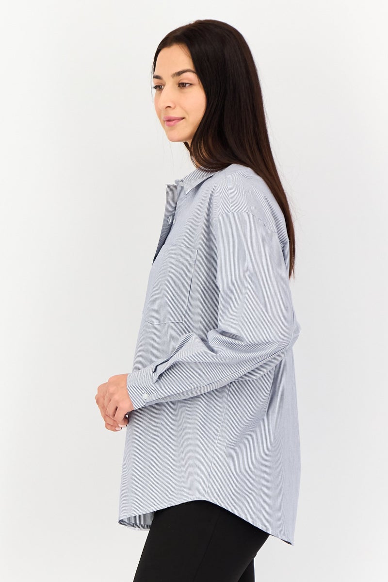 FOREVER 21 قميص نسائي بأكمام طويلة وياقة منتشرة، مخطط، متعدد الألوان - Image 4