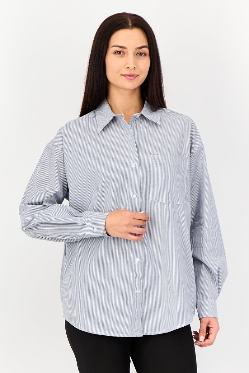 FOREVER 21 قميص نسائي بأكمام طويلة وياقة منتشرة، مخطط، متعدد الألوان - Image 1