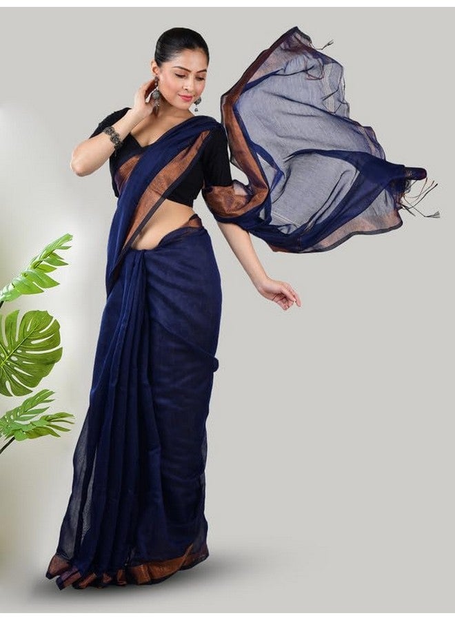 AAKAR‚Ñ¢ Blue Linen Saree With Unstitched Blouse Piece Elegant Traditional Saree | Lightweight Fabric|Intricate Patterns | Versatile Design for Festive Casual & Formal Occasions | - Image 2