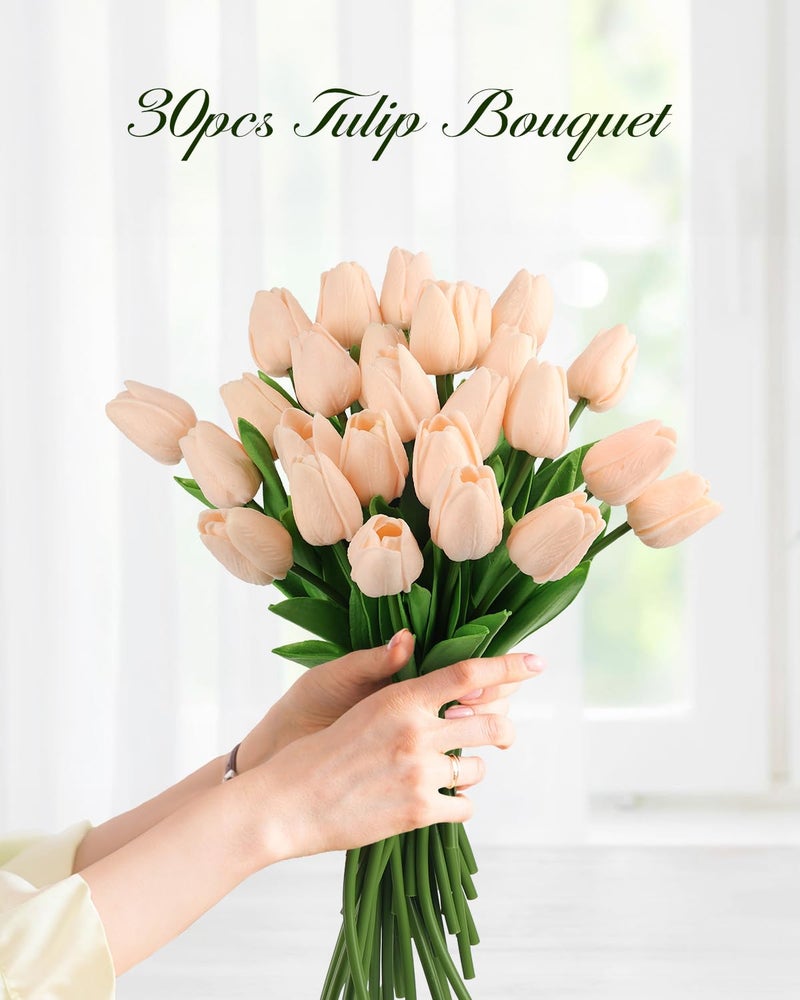 MACTING 30 PCS Artificial Tulip Flowers 13.7" Real Touch Fake PU Tulips Bouquet Faux Flowers for Floral Arrangements Table Centerpieces Kitchen Mothers Day Spring Easter Decorations (Light Pink) - Image 5