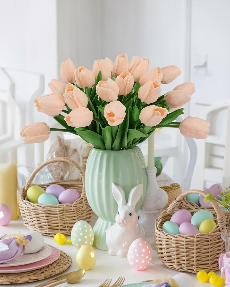 MACTING 30 PCS Artificial Tulip Flowers 13.7" Real Touch Fake PU Tulips Bouquet Faux Flowers for Floral Arrangements Table Centerpieces Kitchen Mothers Day Spring Easter Decorations (Light Pink) - Image 2