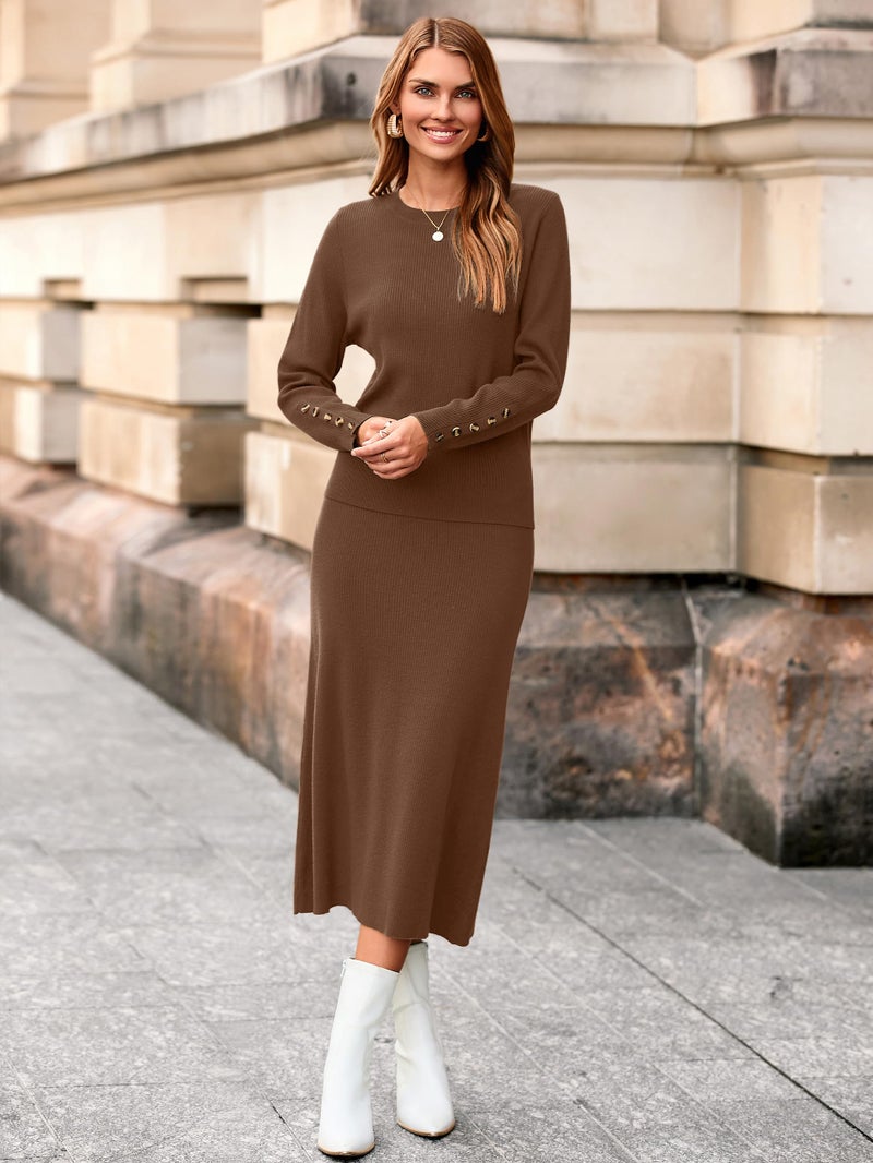 Glamaker Womens 2 Piece Skirt Sets Fall Fashion Matching Set Casual Sweater Dress Knit Lounge Travel Outfits Winter clothes (Brown M) - Image 4