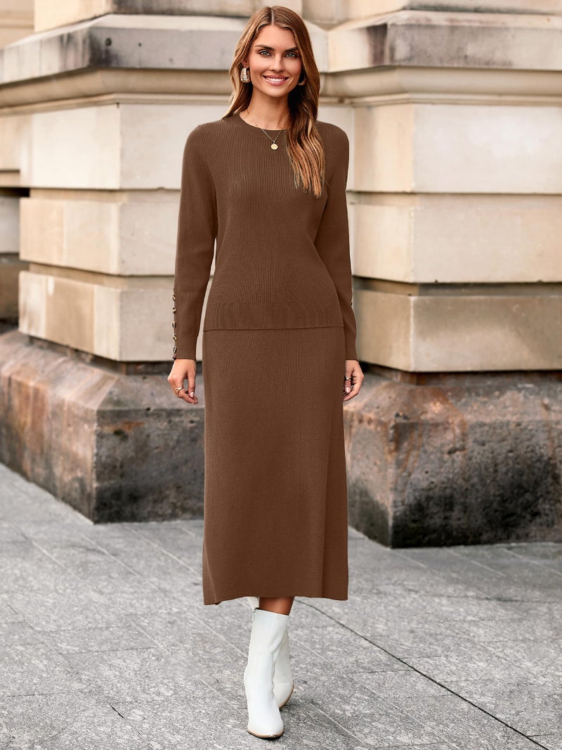 Glamaker Womens 2 Piece Skirt Sets Fall Fashion Matching Set Casual Sweater Dress Knit Lounge Travel Outfits Winter clothes (Brown M) - Image 5