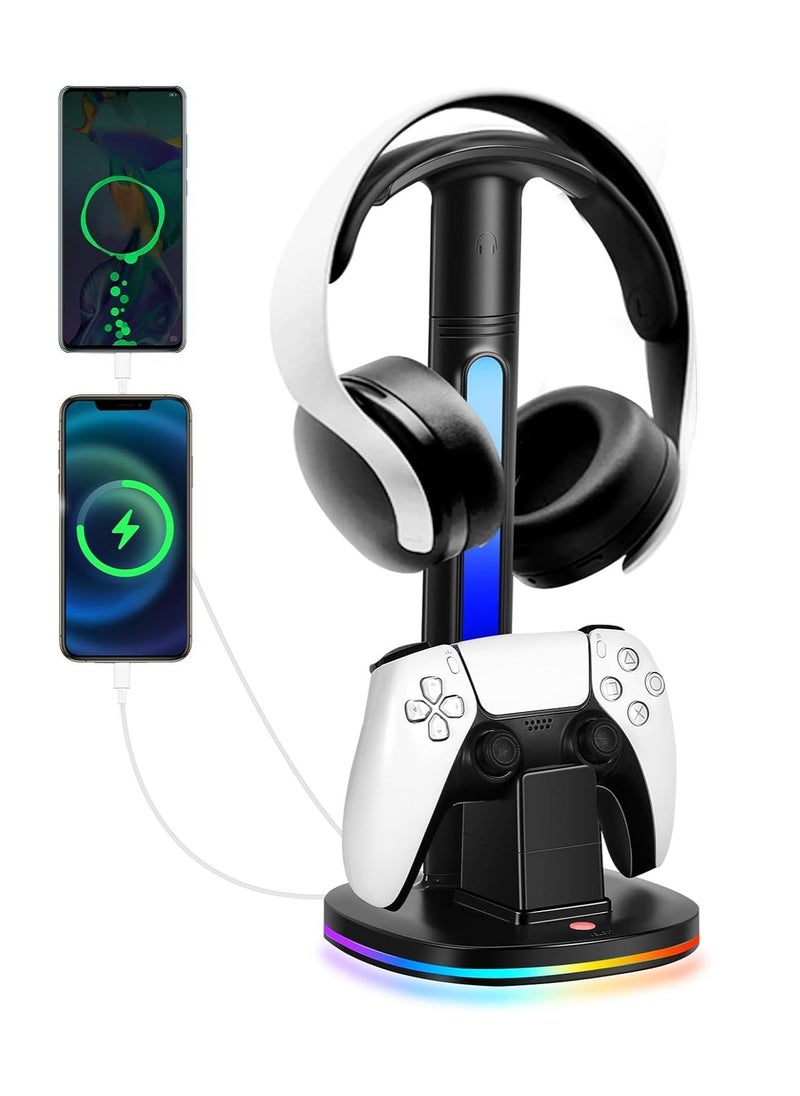 XICEN XICEN for PS5 Controller Charging Station with RGB Headphone Stand, for PS5 Controller Charger Holder with 2 USB Charging Ports, Headset Stand for Playstation 5 Controller Charging Dock, Black  - Image 1