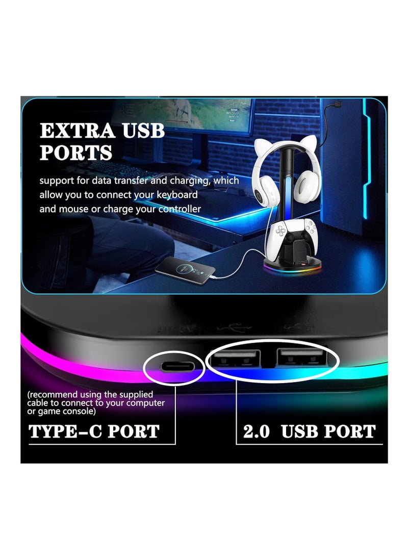 XICEN XICEN for PS5 Controller Charging Station with RGB Headphone Stand, for PS5 Controller Charger Holder with 2 USB Charging Ports, Headset Stand for Playstation 5 Controller Charging Dock, Black  - Image 4