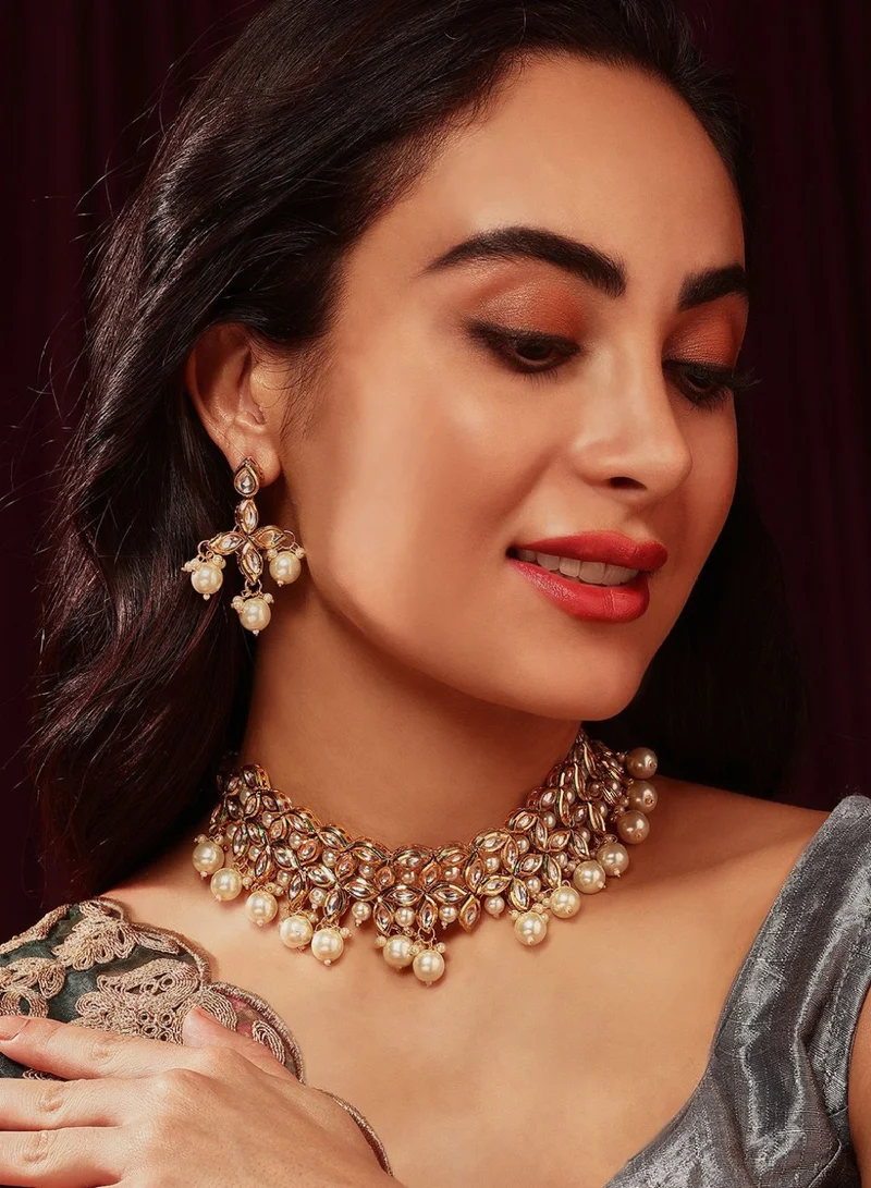 Priyaasi Kundan Beaded Floral Pattern Drop Earrings