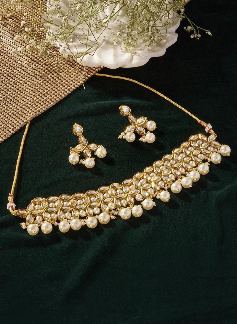Priyaasi Kundan Beaded Floral Pattern Drop Earrings