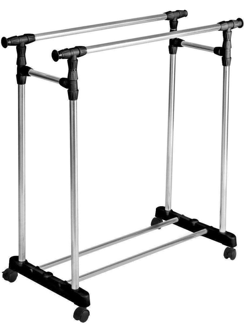 Portable Double Pole Clothes Rack Extendable Rolling Garment Rack Adjustable Height Storage Organizer with Wheels - Image 4