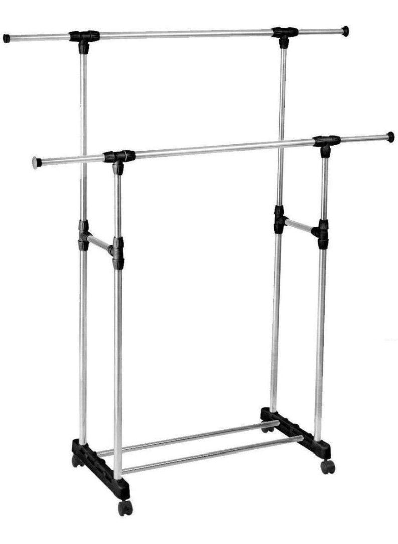 Portable Double Pole Clothes Rack Extendable Rolling Garment Rack Adjustable Height Storage Organizer with Wheels - Image 1