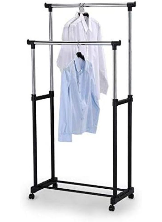 Portable Double Pole Clothes Rack Extendable Rolling Garment Rack Adjustable Height Storage Organizer with Wheels - Image 2