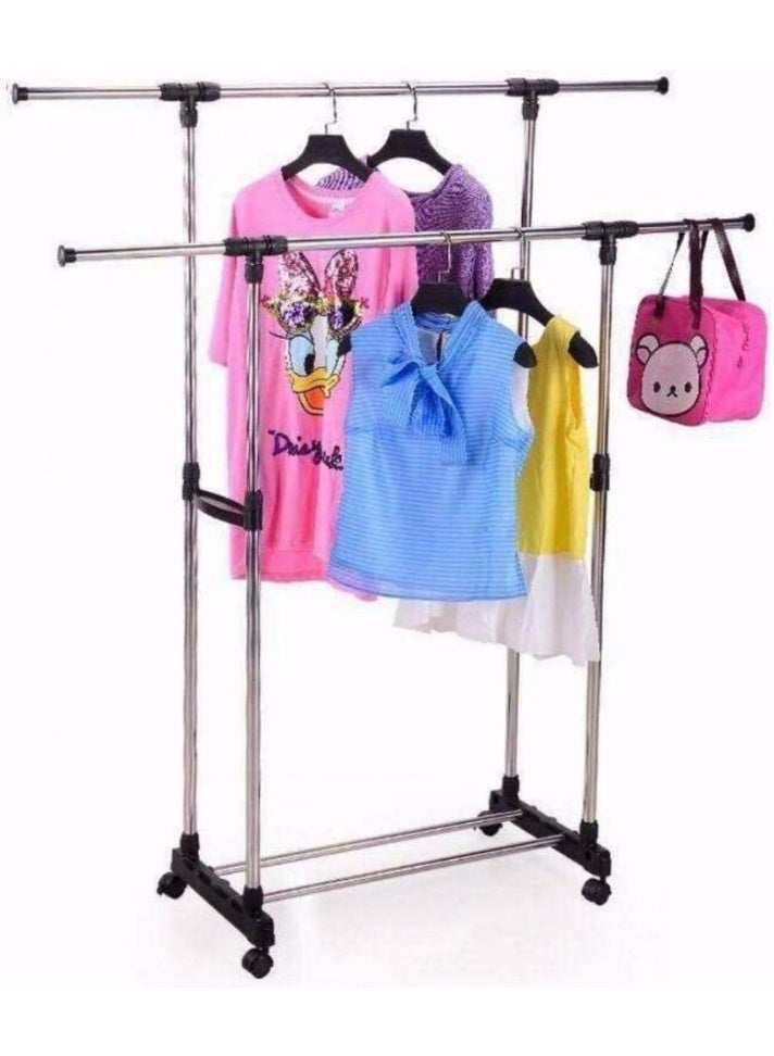 Portable Double Pole Clothes Rack Extendable Rolling Garment Rack Adjustable Height Storage Organizer with Wheels - Image 3