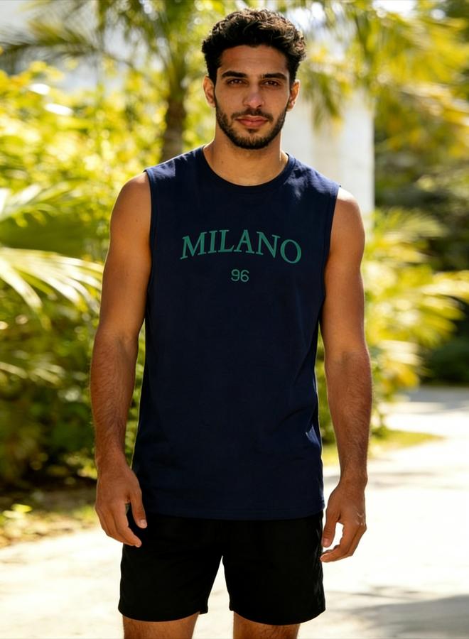 Take Two Men Dark Blue Text Print Round Neck Tank and Shorts Co-Ords - Image 1
