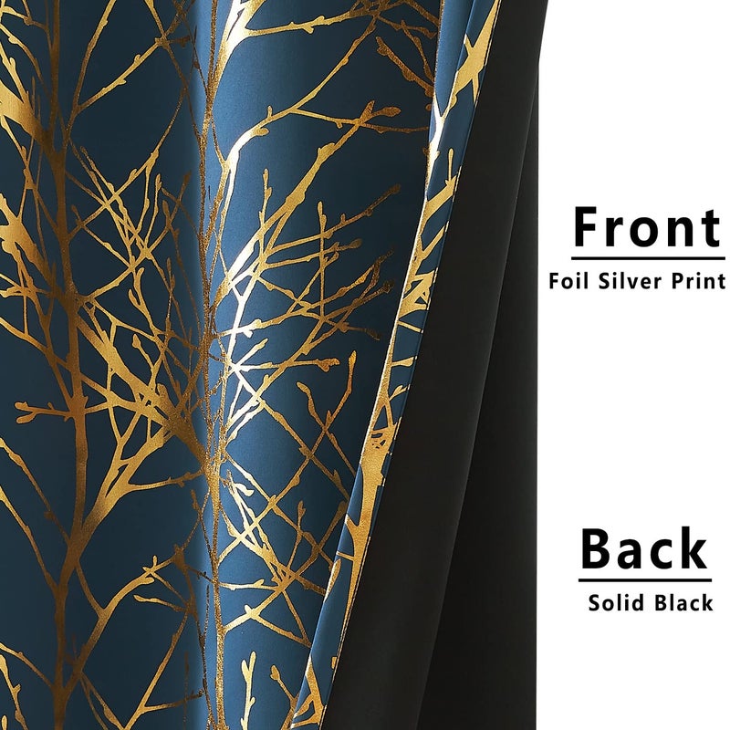 FMFUNCTEX Gold Blackout Curtains Blue 84 inches Foil Tree Print Tree Curtains for Bedroom Living-Room Modern Energy Efficient Shiny Metallic Branch Curtain Panels Grommet Top 2 pcs - Image 4