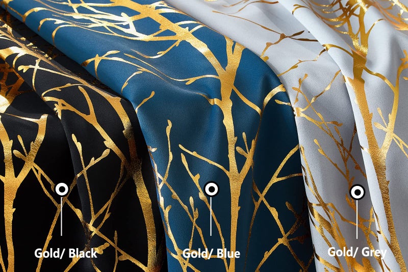 FMFUNCTEX Gold Blackout Curtains Blue 84 inches Foil Tree Print Tree Curtains for Bedroom Living-Room Modern Energy Efficient Shiny Metallic Branch Curtain Panels Grommet Top 2 pcs - Image 5