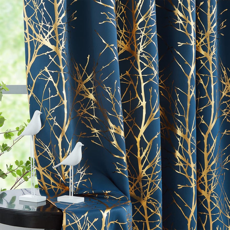 FMFUNCTEX Gold Blackout Curtains Blue 84 inches Foil Tree Print Tree Curtains for Bedroom Living-Room Modern Energy Efficient Shiny Metallic Branch Curtain Panels Grommet Top 2 pcs - Image 1