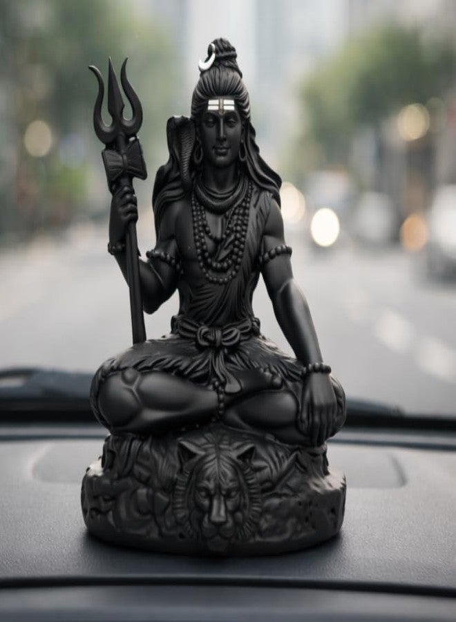 RIANZ® Resin Lord Shiva Idol Statue for Car Dashboard, Home Temple & Office Decor - Sitting Mahadev Shiv Ji Murti with Trishul on Tiger Base 9cm Height (Black) - Image 1