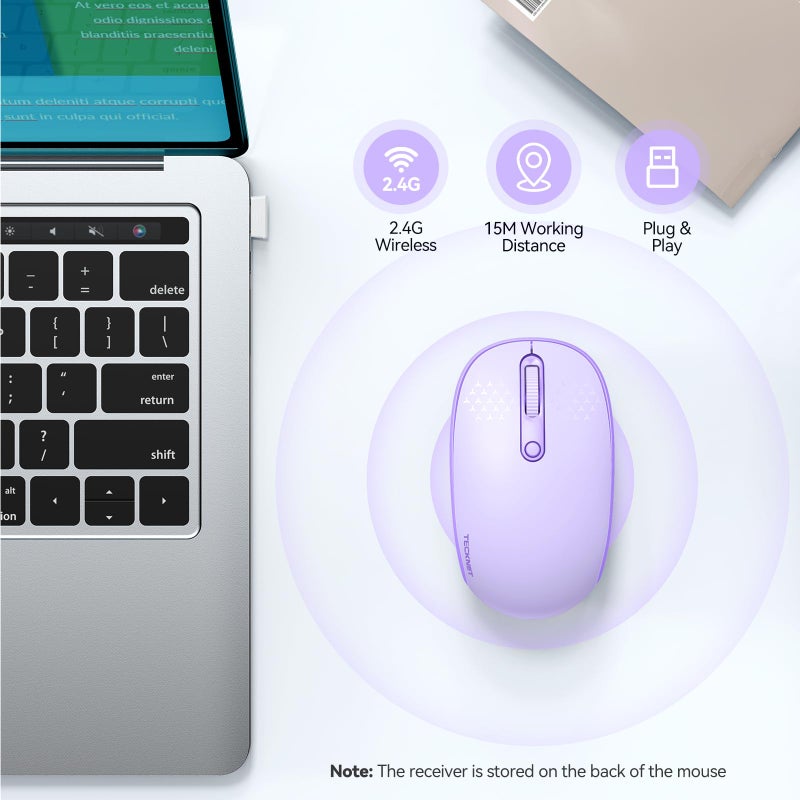 TECKNET Wireless Mouse, 2.4G Quiet Computer Mouse with USB Receiver, 4 Buttons Portable Cordless Mice for Chromebook, Laptop, PC, Mac, 800/1200/1600 DPI - Purple - Image 2