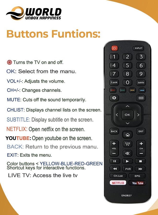 Eworld Replacement EN2B27 Handheld Remote Control for Hisense TV Models 32K3110W, 40K3110PW, 50K3110PW, 40K321UW, 50K321UW, 55K321UW - Image 2