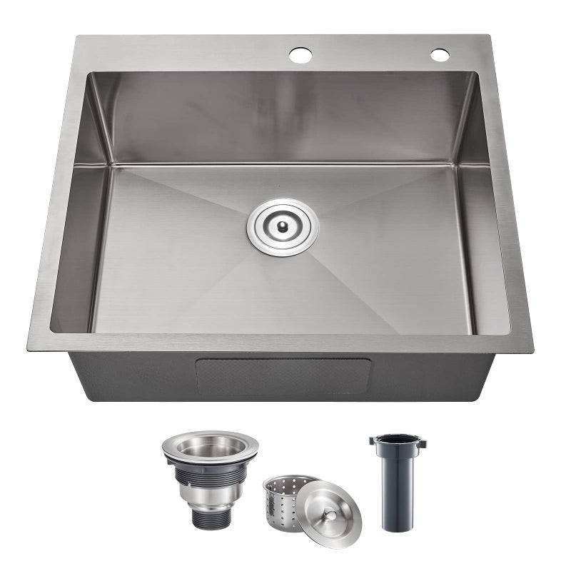 POPFLY 2522 Inch Drop in Kitchen Sink Top mount Stainless Steel Single Bowl Sink 18 Gauge Handmade Overmount 9 Inch Deep Sink Brushed