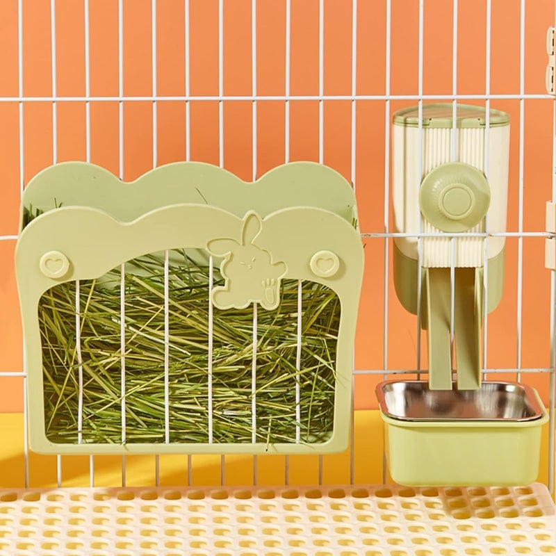 KASTWAVE Extra part combo compatible 3-in-1 Rabbit Hay Feeder Set with Food Bowl and Hanging Hay Rack, Durable Chew-Proof Small Pet Feeder for Bunny, Chinchilla Cage, Easy to Clean and Space-Saving (Green) Multiple design variants - Image 1