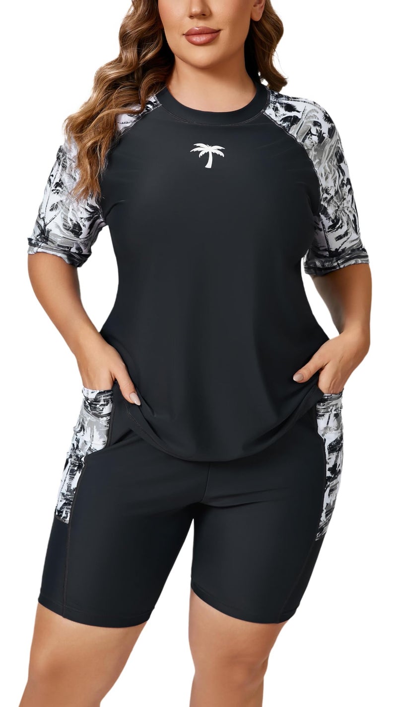 Halcurt Women UPF 50 Two Piece Rashguard with Bra Pockets Boyshorts Grey 1X