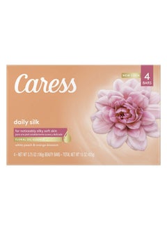 Caress Beauty Bar Soap For Silky Soft Skin Daily Silk With Silk Extract And Floral Oil Essence 3.75 Oz 4 Bars  - Image 1