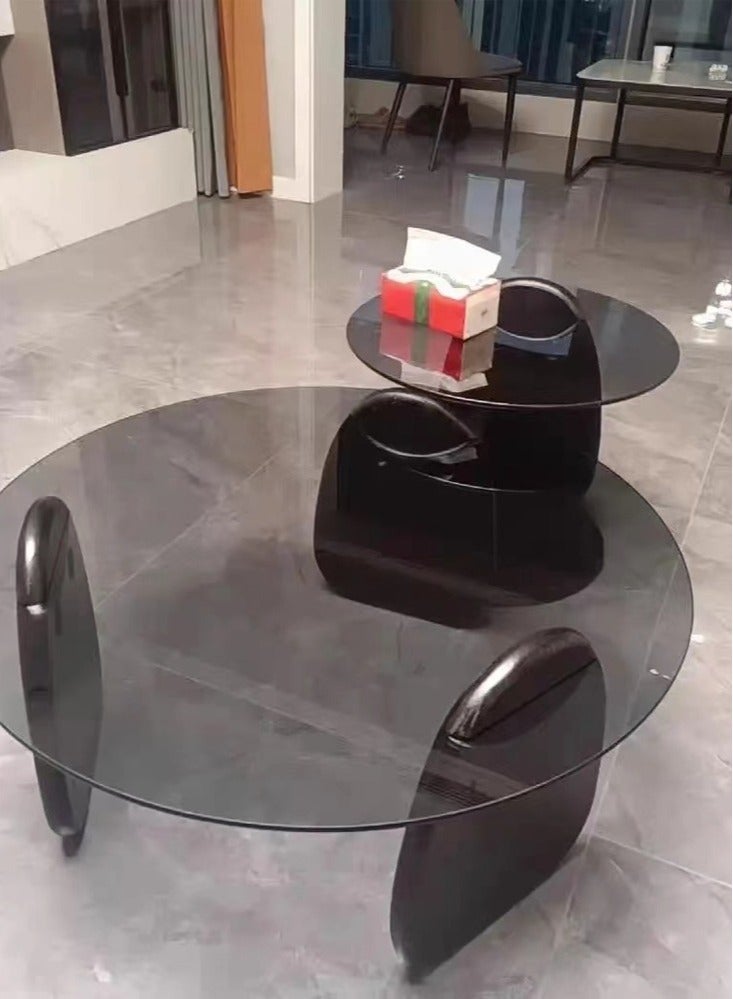 fashionhome مجموعة من 2 تصميم عصري أنيق وحواف مستديرة فاخرة من الزجاج المقسى وطاولة جانبية لطاولة القهوة من الخشب الفاخر لمكاتب غرفة النوم 80 × 33 و50 × 39 سنتيمترًا - Image 2