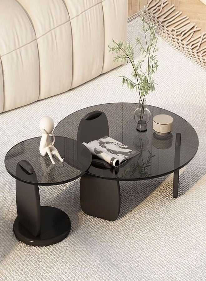 fashionhome مجموعة من 2 تصميم عصري أنيق وحواف مستديرة فاخرة من الزجاج المقسى وطاولة جانبية لطاولة القهوة من الخشب الفاخر لمكاتب غرفة النوم 80 × 33 و50 × 39 سنتيمترًا - Image 4