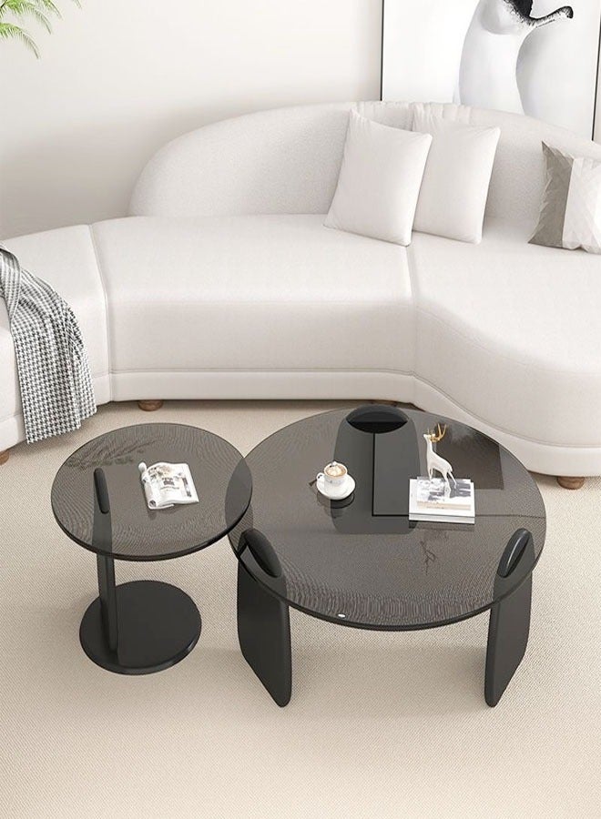 fashionhome مجموعة من 2 تصميم عصري أنيق وحواف مستديرة فاخرة من الزجاج المقسى وطاولة جانبية لطاولة القهوة من الخشب الفاخر لمكاتب غرفة النوم 80 × 33 و50 × 39 سنتيمترًا - Image 5