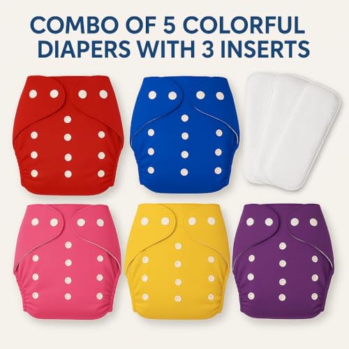 Kritiu Reusable Cloth Baby Diapers with Insert Pads | Soft & Washable Fabric | Adjustable Snap Buttons | Leak Resistant | Newborn to Toddler | 5 Diapers + 3 Insert Pads - Image 2